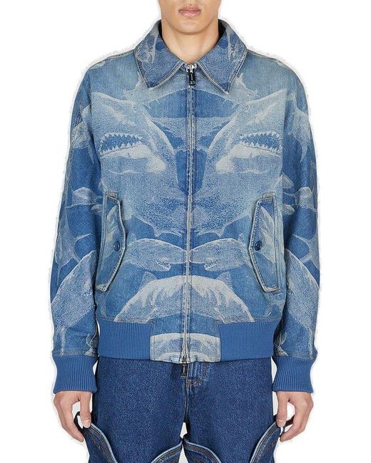 Burberry Blue Shark Printed Zipped Denim Jacket for men