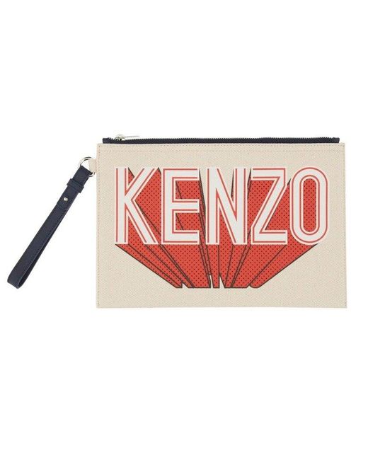 KENZO Red Logo Printed Zipped Clutch Bag