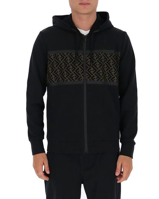 Fendi Ff Panel Zipped Hoodie in Black for Men Lyst