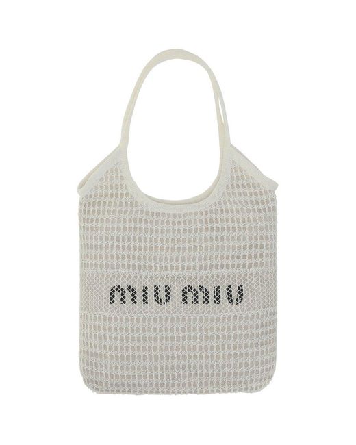 Miu Miu White Logo-printed Woven Top Handle Bag