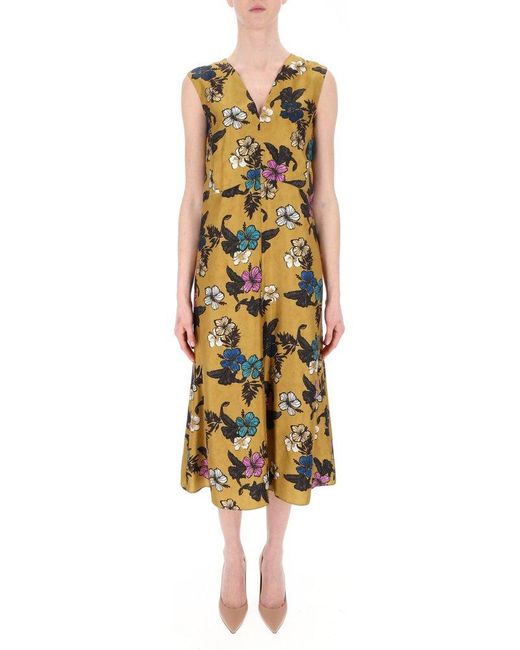 Max Mara Yellow Floral Printed Sleeveless Dress