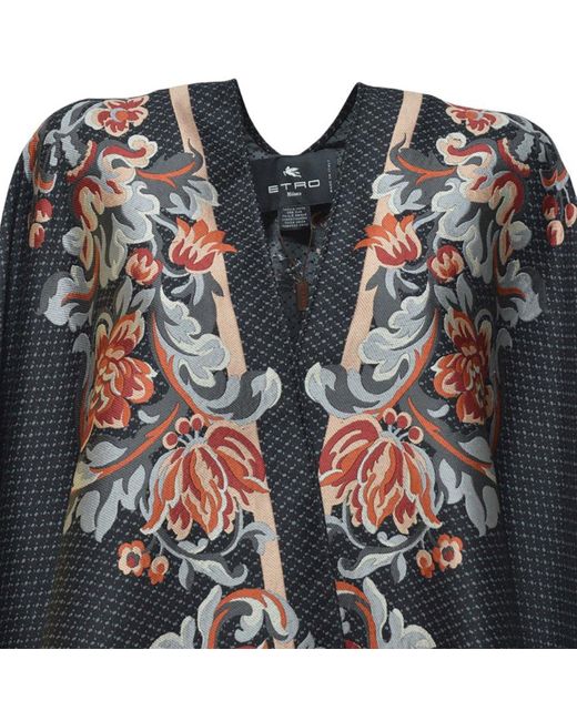 Etro Black Floral Printed V-Neck Poncho