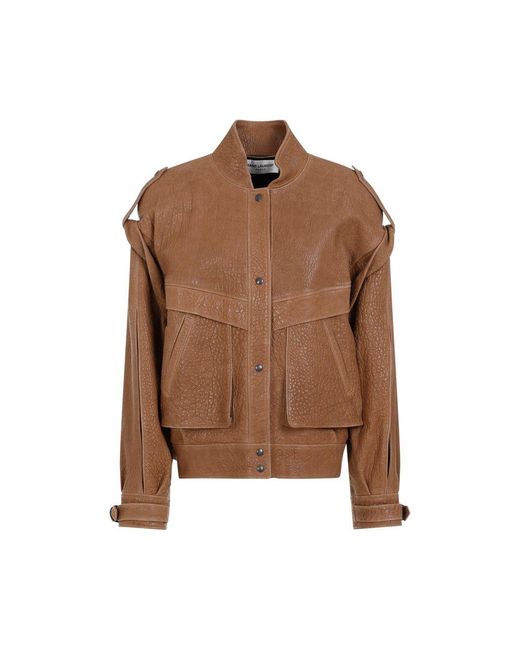 Saint Laurent Brown Oversized Button-up Leather Jacket