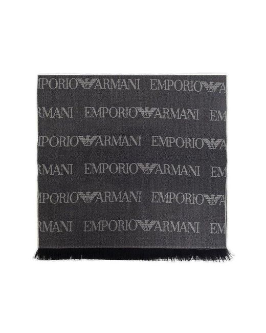 Emporio Armani Black Logo-embroidered Fringed Scarf for men