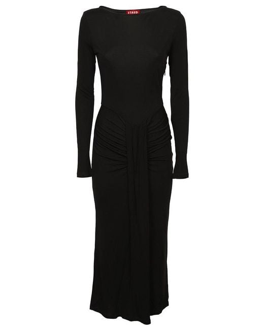 Staud Black Long-Sleeved Draped Midi Dress