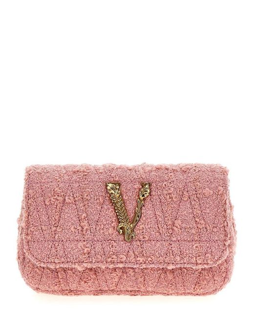 Versace Pink Logo Tweed Crossbody Bag Crossbody Bags