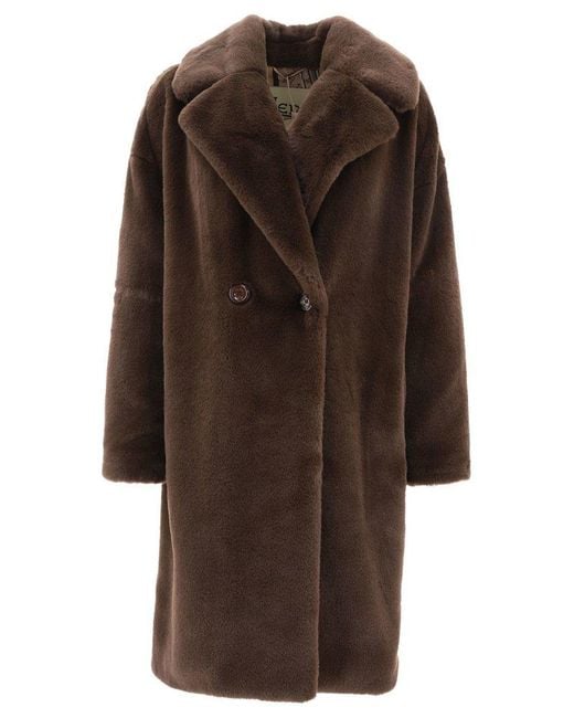Herno Brown Double-breasted Coat In Faux Fur