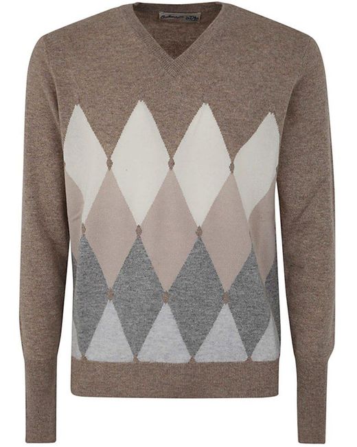 Ballantyne Gray Argyle-Intarsia Knit V-Veck Jumper for men