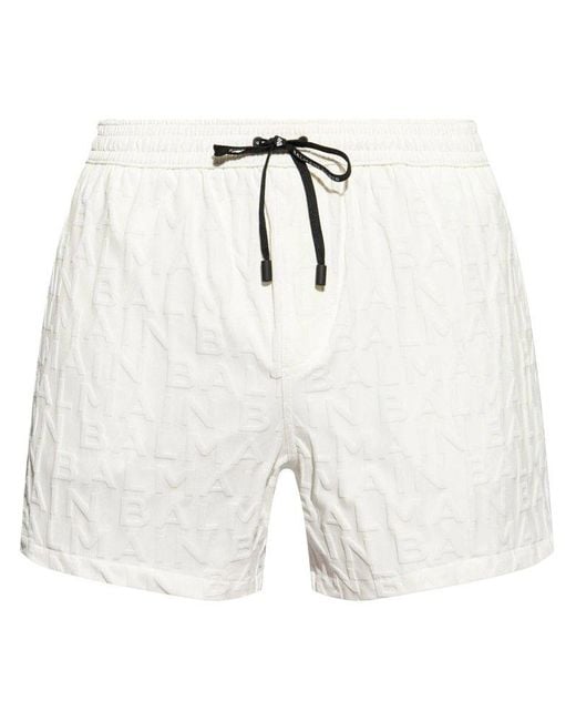 Balmain White Logo-embossed Swim Shorts for men
