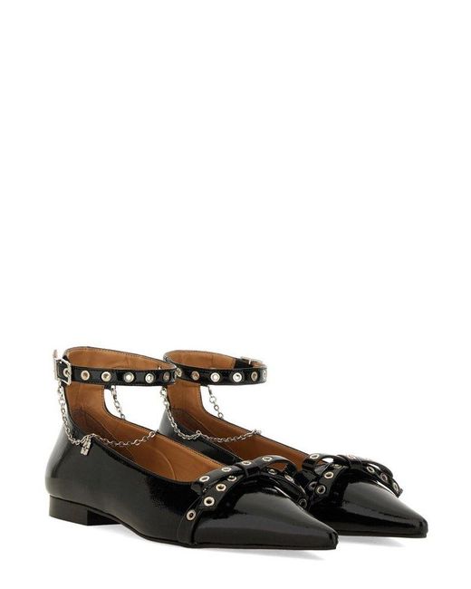 Ganni Black Bow-Detailed Ankle Strap Ballet Flats