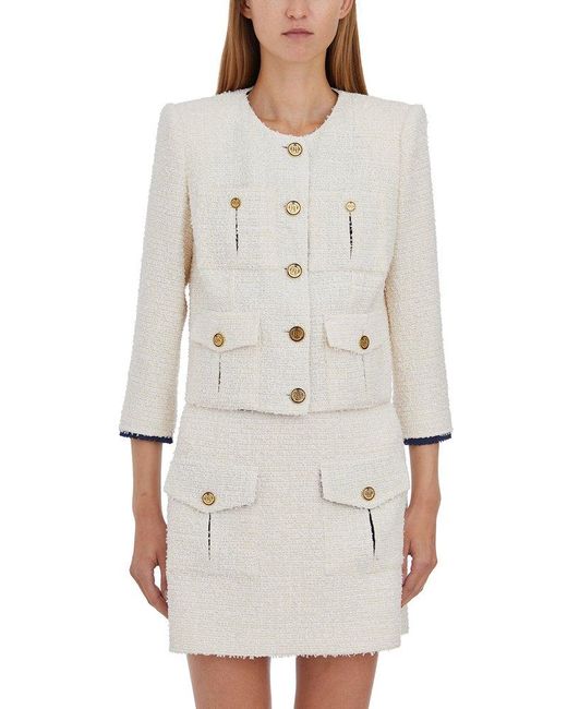 Elisabetta Franchi White Crewneck Buttoned Tweed Jacket