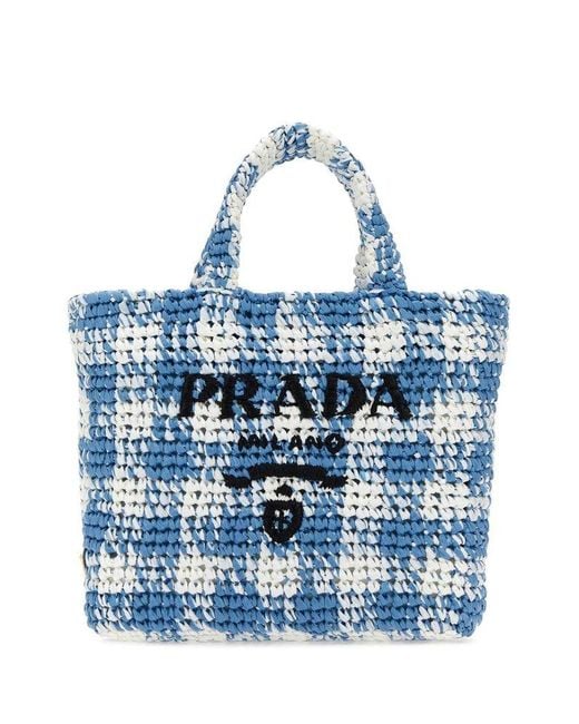 Prada Blue Logo-knitted Small Crochet Tote Bag