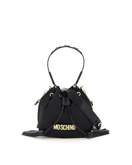 Moschino Black Logo Plaque Drawstring Bucket Bag