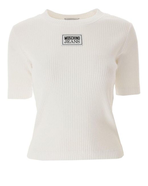 Moschino White Jeans Logo Patch Ribbed-knit Top