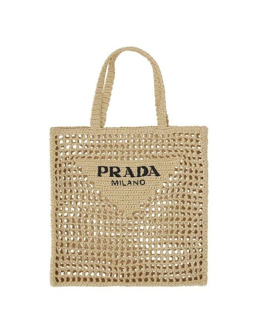 Prada Natural Logo Printed Woven Tote Bag