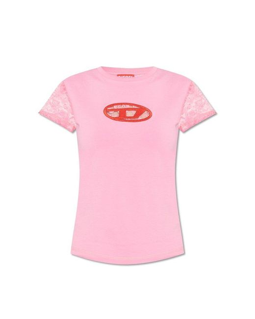 DIESEL Pink Floral Lace-appliqué Crew-neck T-shirt