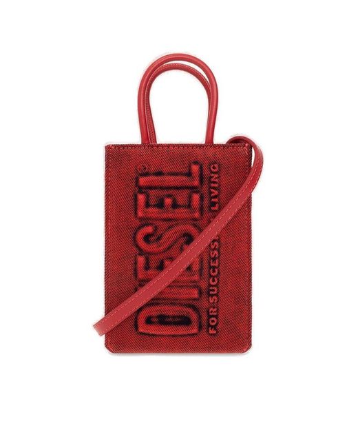 DIESEL Red Stonewashed Logo Detailed Denim Shoulder Bag