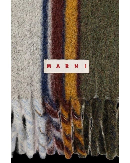 Marni Black Logo Patch Striped Knit Fringed Scarf for men