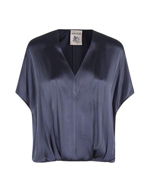 Semicouture Blue V-Neck Draped Top