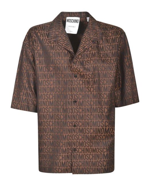 Moschino Brown Logo Jacquard Motif Notched Collar Shirt for men