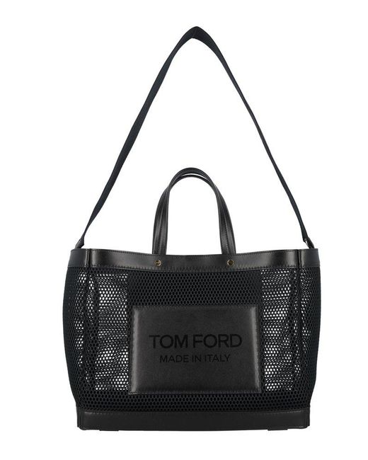 Tom Ford Black Mesh And Leather T Screw Small E/w Shopping Bag