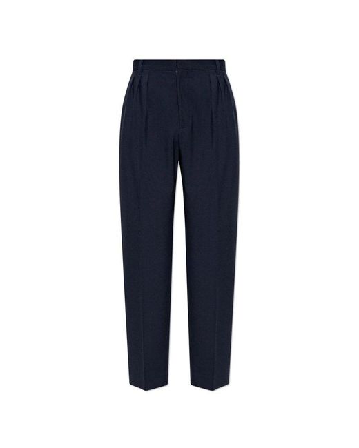 KENZO Blue Wool Pleat-Front Trousers With Logo for men