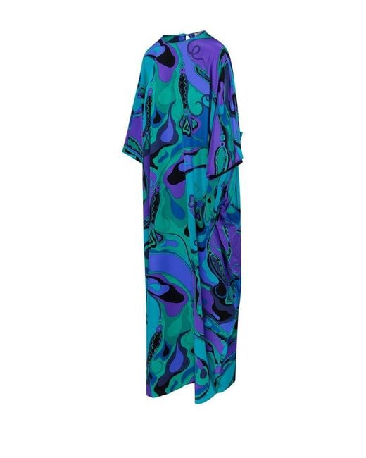 Emilio Pucci Blue Silk Orchidee Print Kaftan