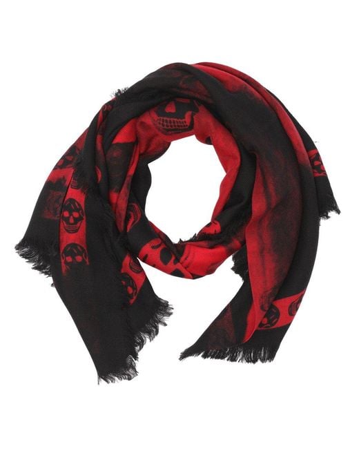 Alexander McQueen Red Skull Printed Frayed-edge Scarf