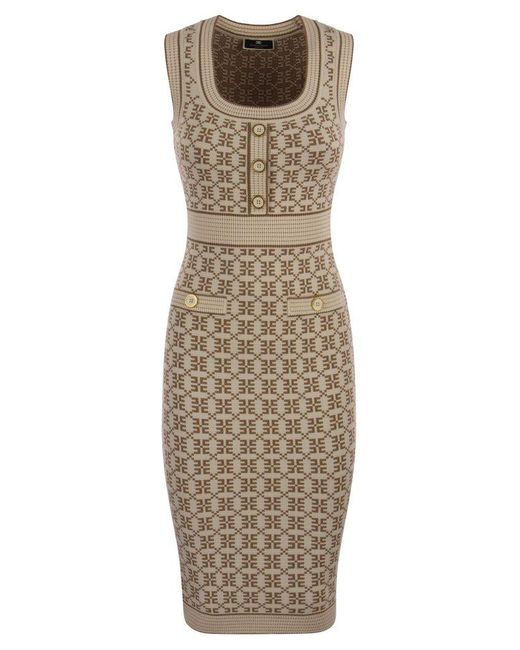 Elisabetta Franchi Natural Jacquard Logo Knit Longuette Dress