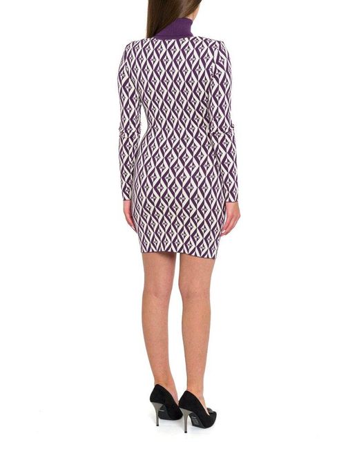 Elisabetta Franchi Purple Ikat-pattern Roll-neck Knitted Mini Dress