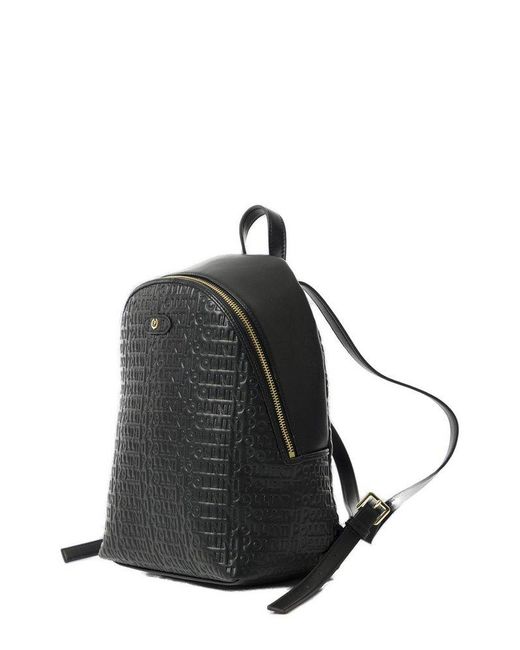Pollini Black Allover Monogram Embossed Zip-Around Backpack