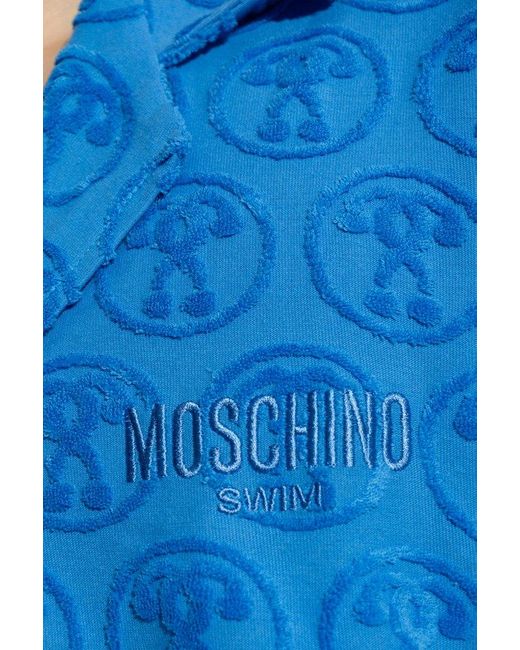Moschino Blue Logo Embroidered Collared Shirt for men