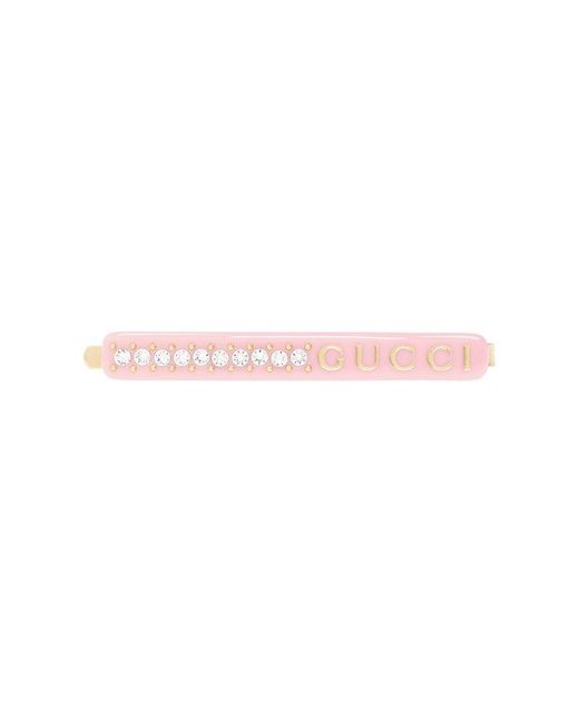 Gucci Pink Logo Plaque Crystal Embellished Hair Clip
