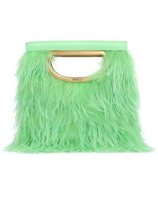 Pinko Green Feather Effect Logo Engraved Clutch Bag