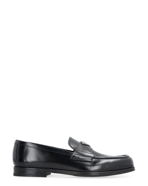Prada Black Logo Plaque Almond-toe Loafers for men