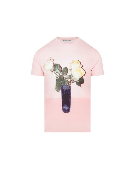 Acne Pink Rose Printed Crewneck T-shirt for men