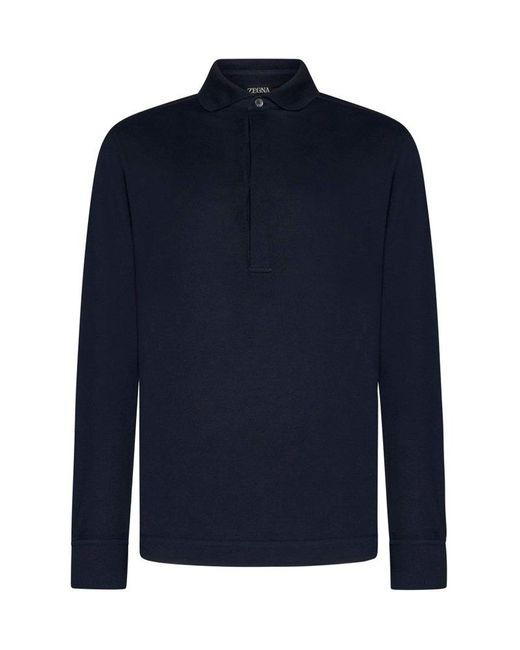 Zegna Blue Stripe-detailed Long Sleeved Polo Shirt for men