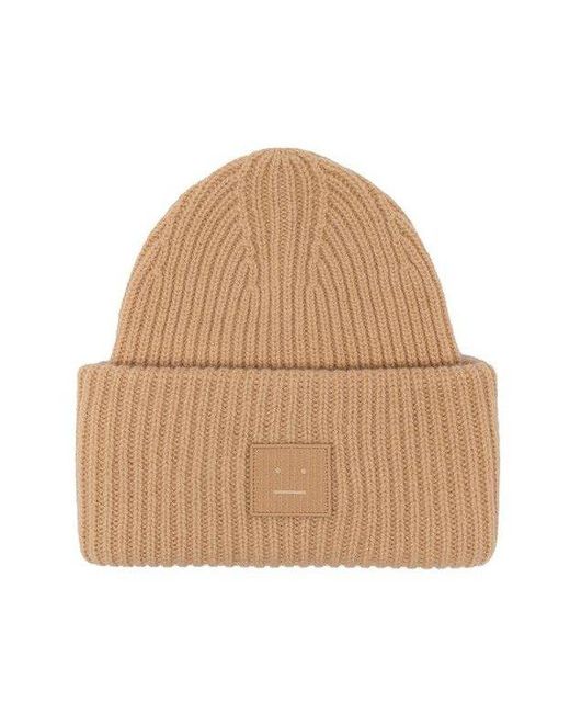 Acne Natural Face Logo Patch Ribbed Beanie