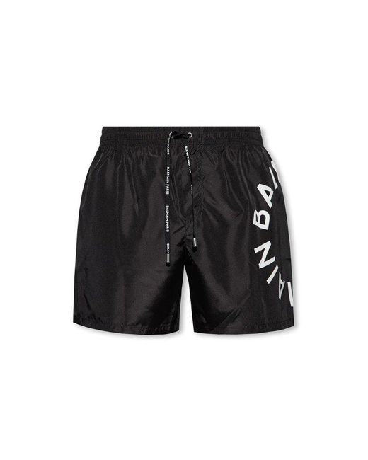 Balmain Black Logo Print Drawstring Swim Shorts for men