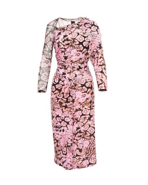 Pinko Pink Floral-printed Long-sleeved Gathered Midi Dress