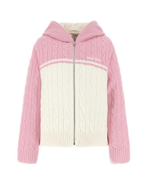 Miu Miu Pink Colour Block Hooded Knit Jacket