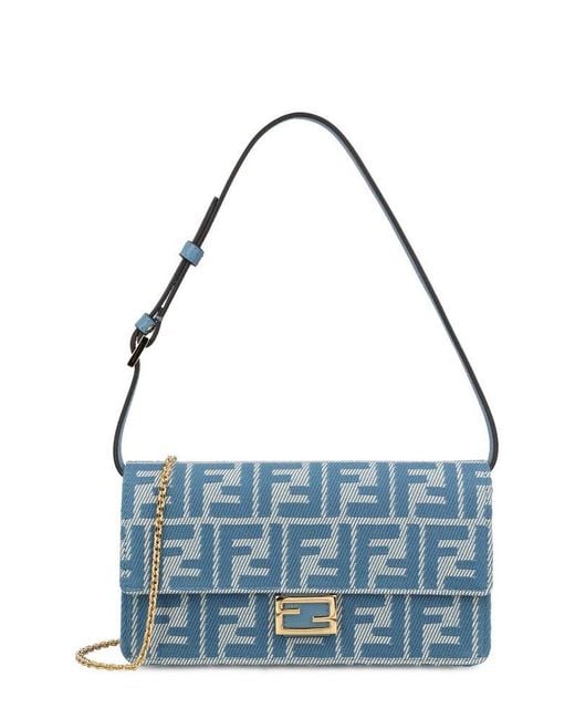 Fendi Blue Baguette Ff-Jacquard Chain Linked Crossbody Bag