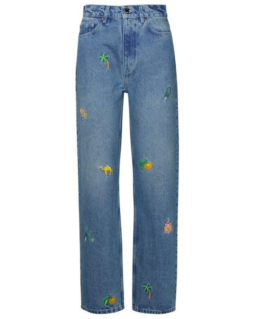 Casablancabrand Blue Mid-rise Graphic-embroidered Jeans