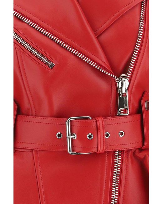 Alexander McQueen Red Belted Zip-detailed Leather Peplum Biker Jacket