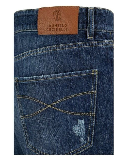 Brunello Cucinelli Blue Five-pocket Leisure Fit Trousers In Old Denim With Rips for men