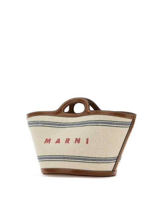 Marni Natural Logo Printed Striped Tote Bag
