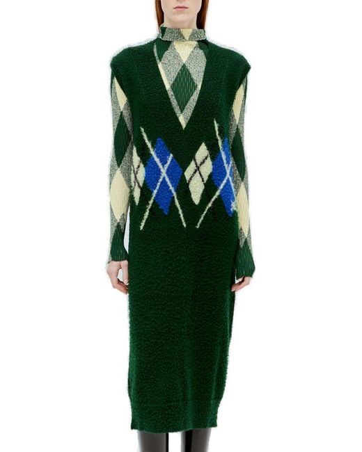 Burberry Green Argyle-intarsia V-neck Maxi Dress