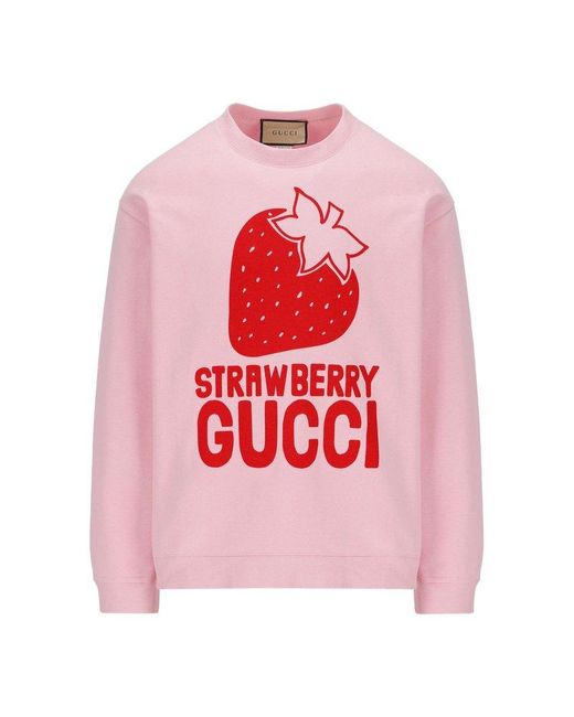 Gucci Pink Strawberry Logo Printed Crewneck Sweater for men