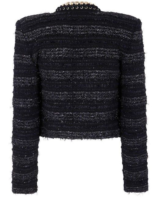 Balmain Blue Chain Detailed Edge-To-Edge Knit Jacket