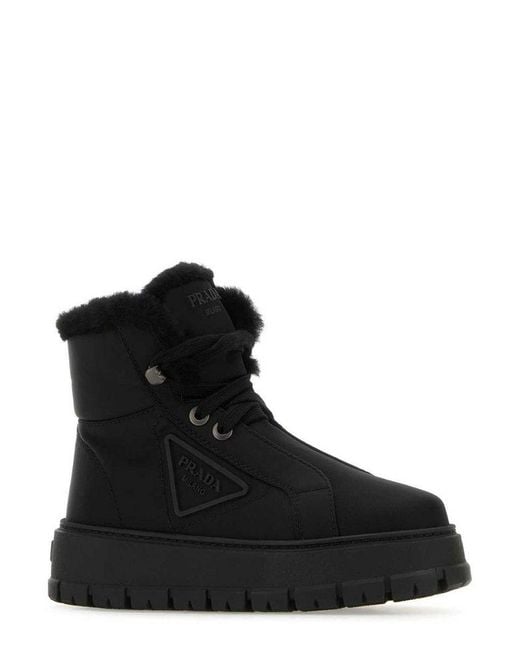 Prada Black Triangle-logo Lace-up Ankle Boots
